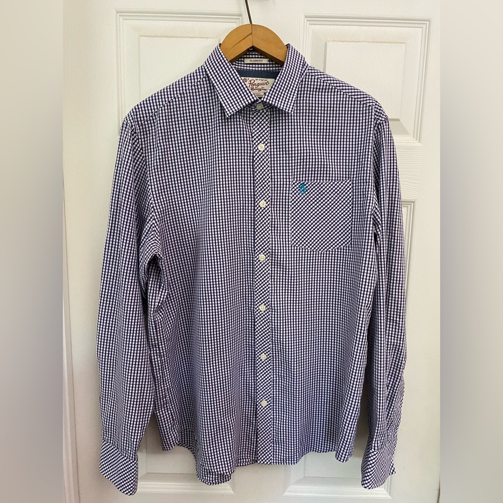 Men's Navy and White Checkered Button-Down Shirt